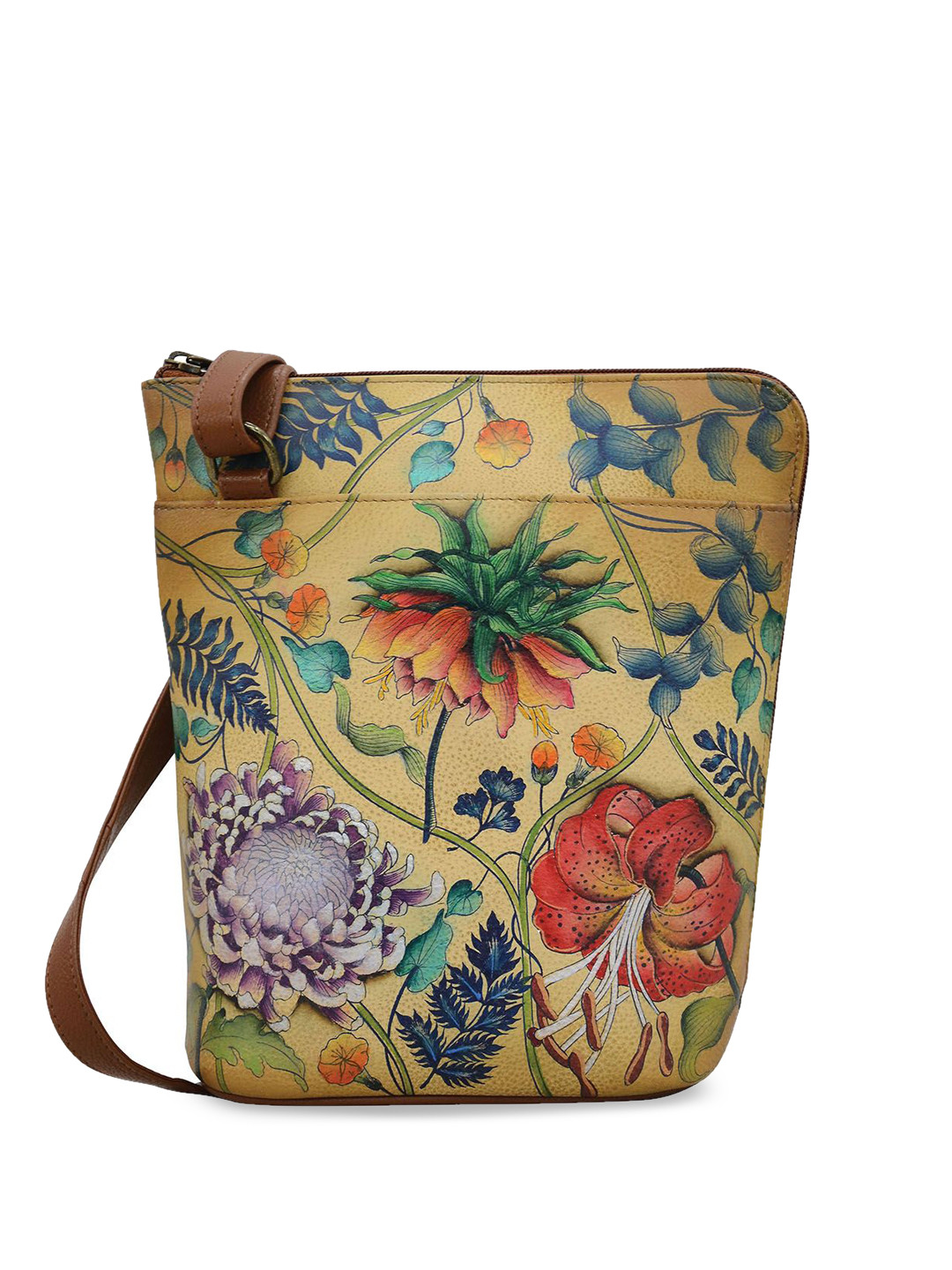 Anuschka Caribbean Garden Hand Painted Leather Organizer Crossbody Bag with Side Zipper