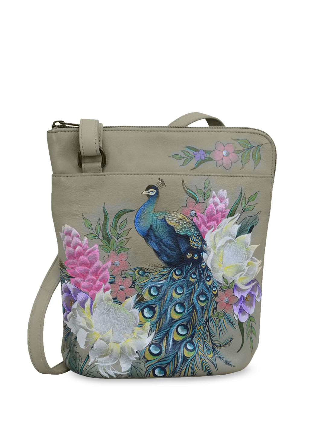 Anuschka Regal Peacock Hand Painted Leather Organizer Crossbody Bag with Side Zipper