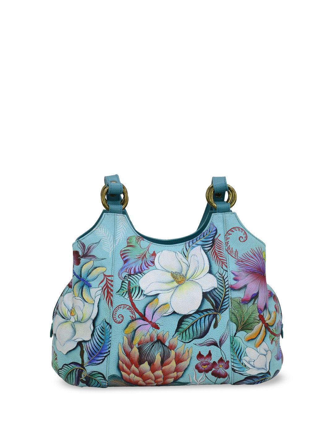 Anuschka Women Jardin Bleu Hand Painted Leather Triple Compartment Satchel