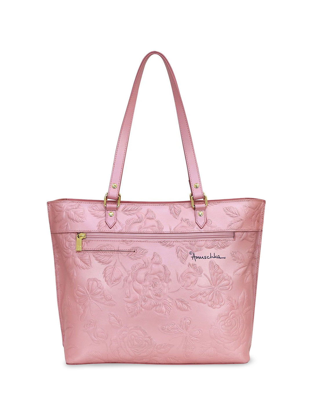 Anuschka Women Tooled Rose Pearl Pink Hand painted Leather Large Tote