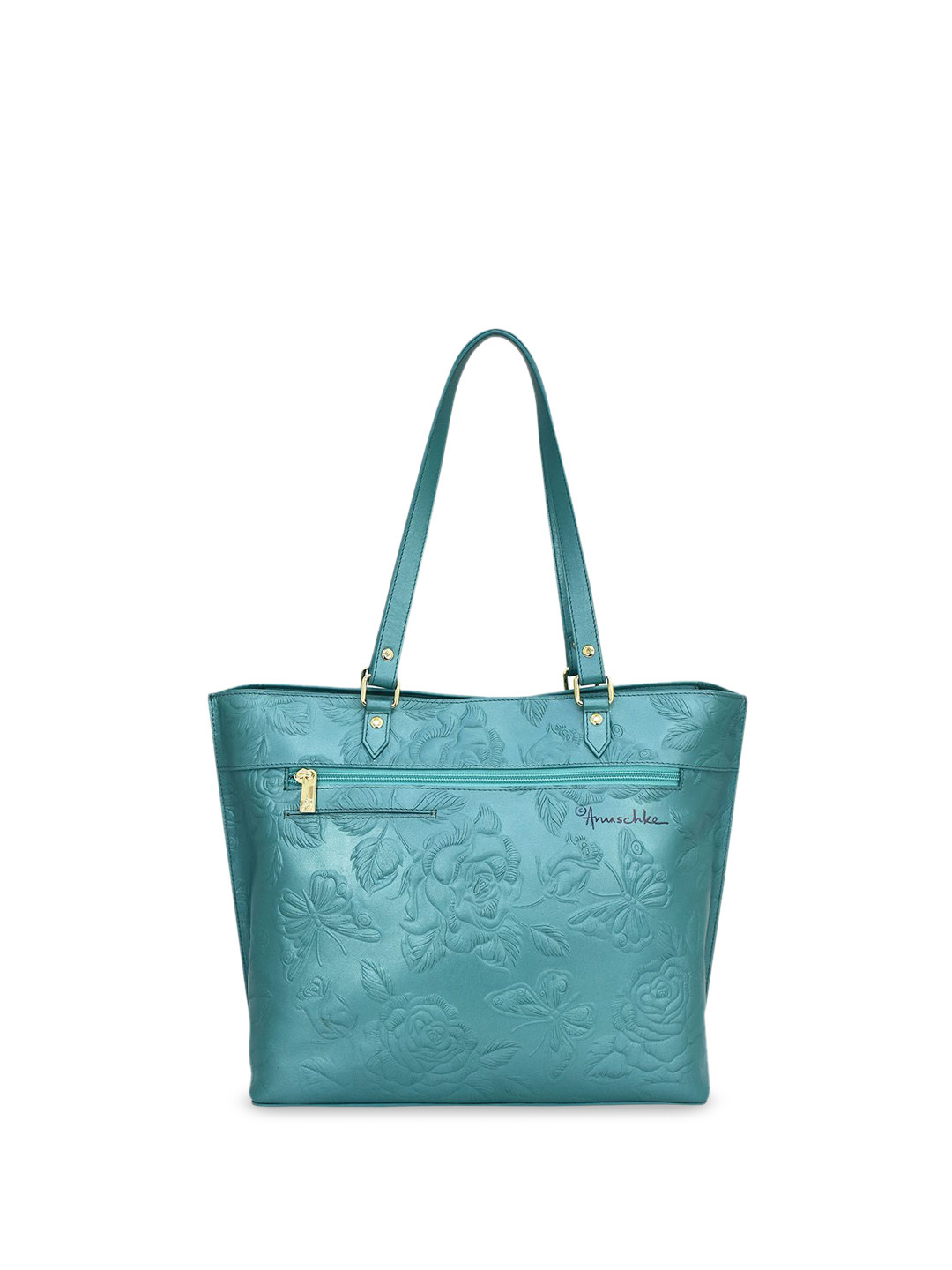 Anuschka Women Tooled Rose Teal Handpainted Leather Large Tote