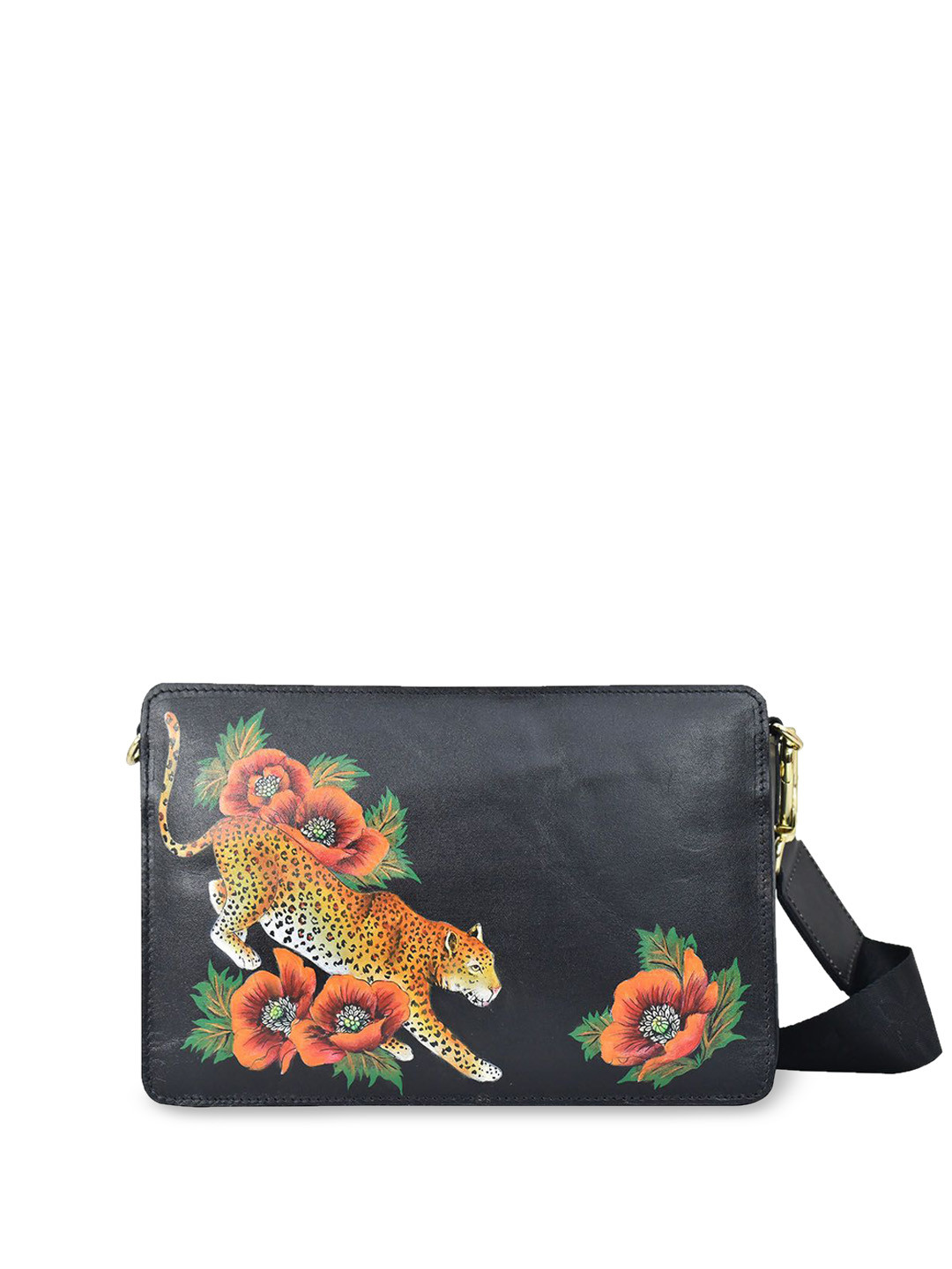 Anuschka Women Enigmatic Leopard Hand painted Leather Triple Compartment Crossbody