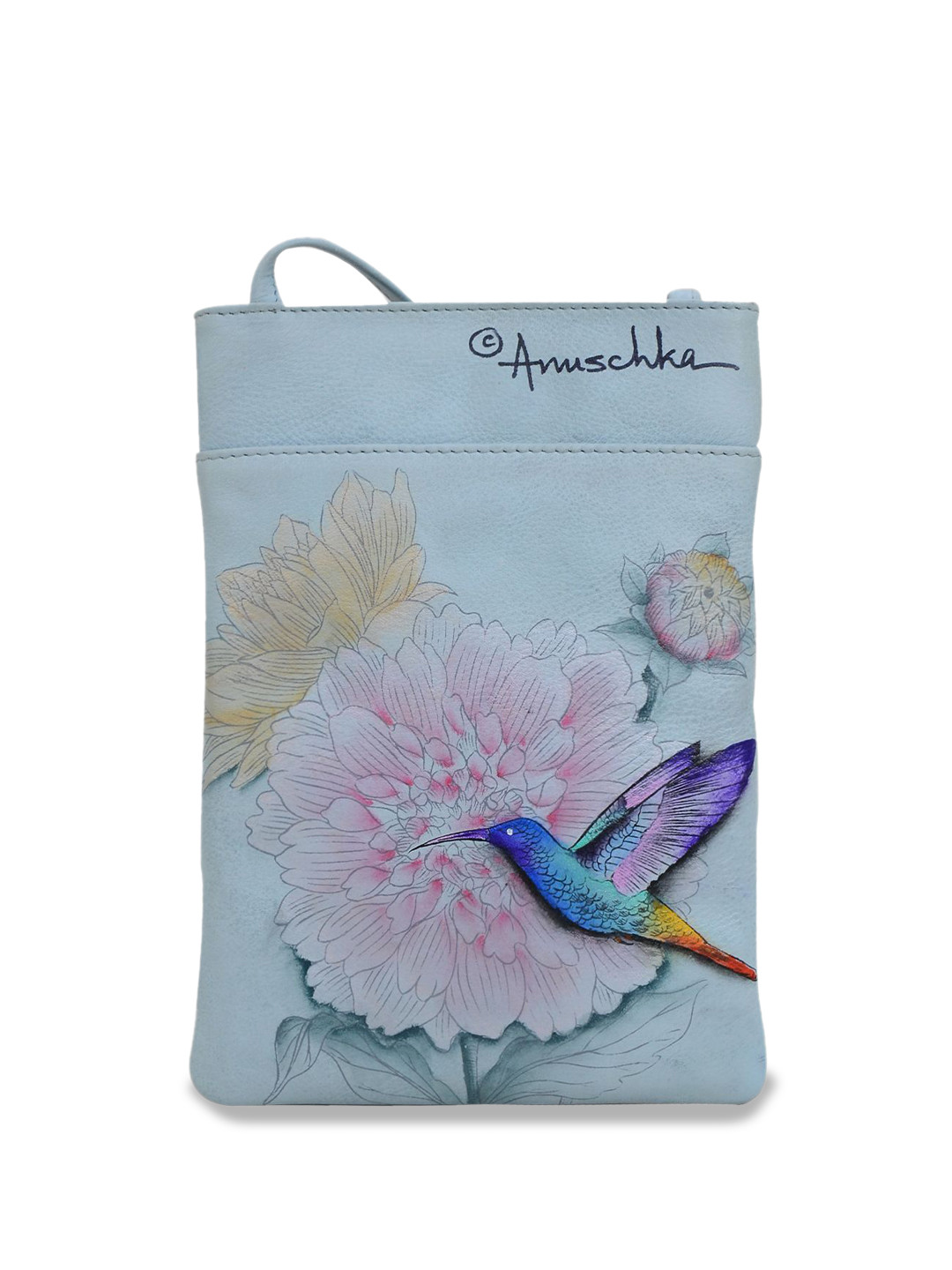 Anuschka Hand Painted Rainbow Birds Leather Mini Double Zip Travel Crossbody