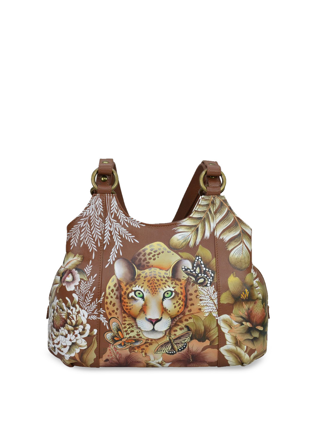 Anuschka Women Cleopatra's Leopard Tan Hand Painted Leather Triple Compartment Satchel