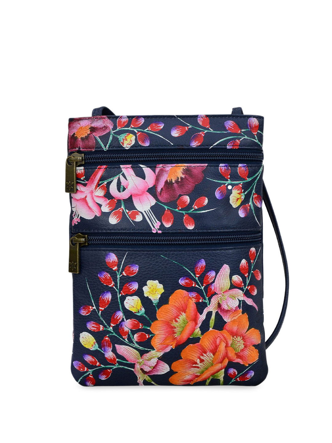 Anuschka Hand Painted Moonlit Meadow Leather Mini Double Zip Travel Crossbody