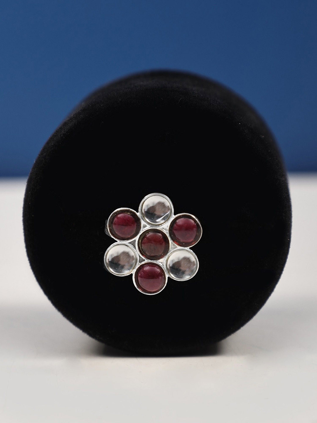 Exotic India Garnet and Crystal Stone Adjustable Floral Design Sterling Silver Ring