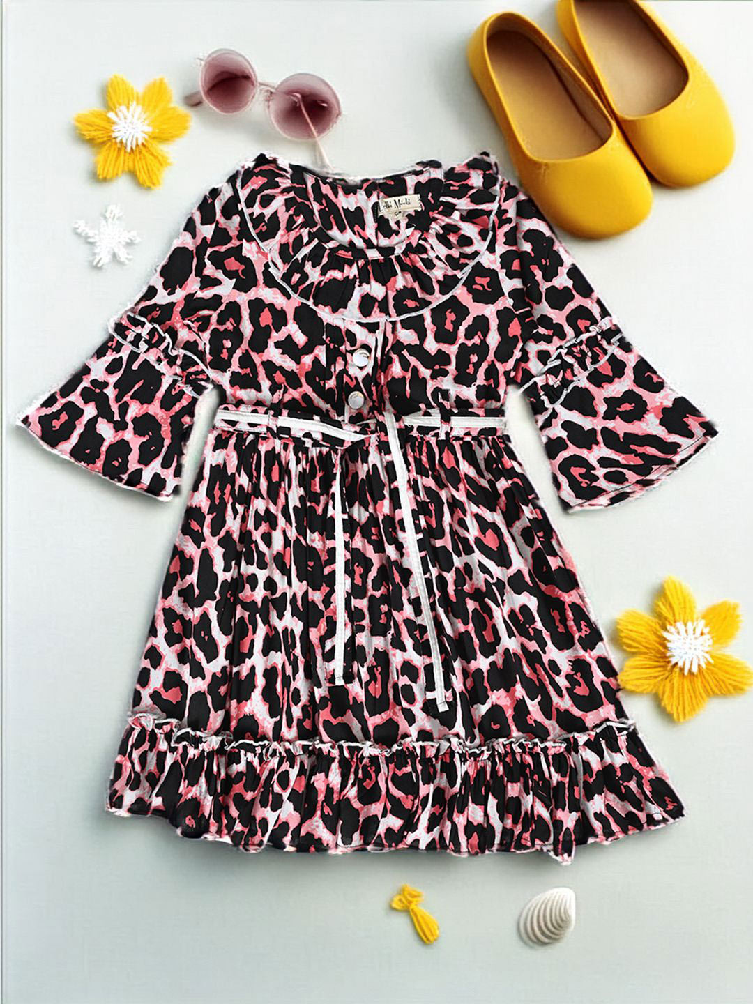 Bella Moda Girls Animal Printed Bell Sleeve Cotton A-Line Dress
