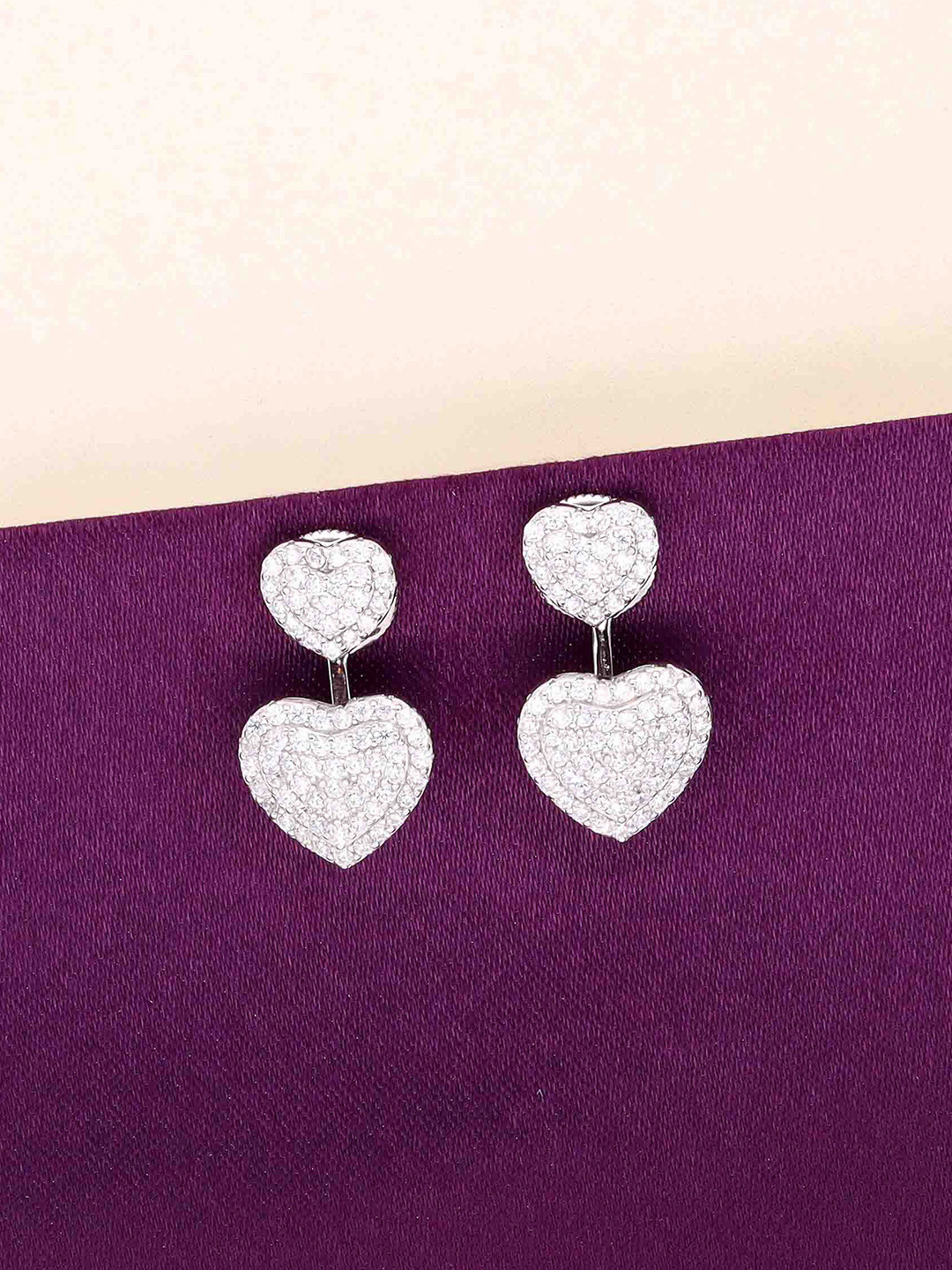 KAI JEWEL Pave Dual Hearts 925 Sterling Silver Rhodium-Plated Cubic Zirconia Studded Studs