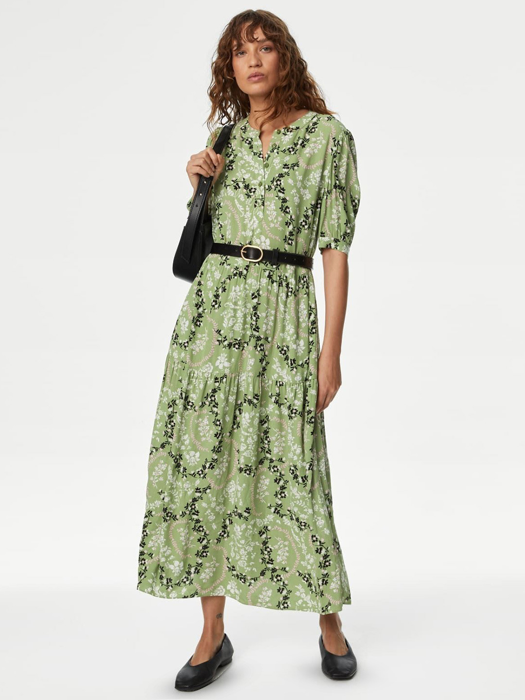 Marks & Spencer Floral Button Front Midi Tiered Dress