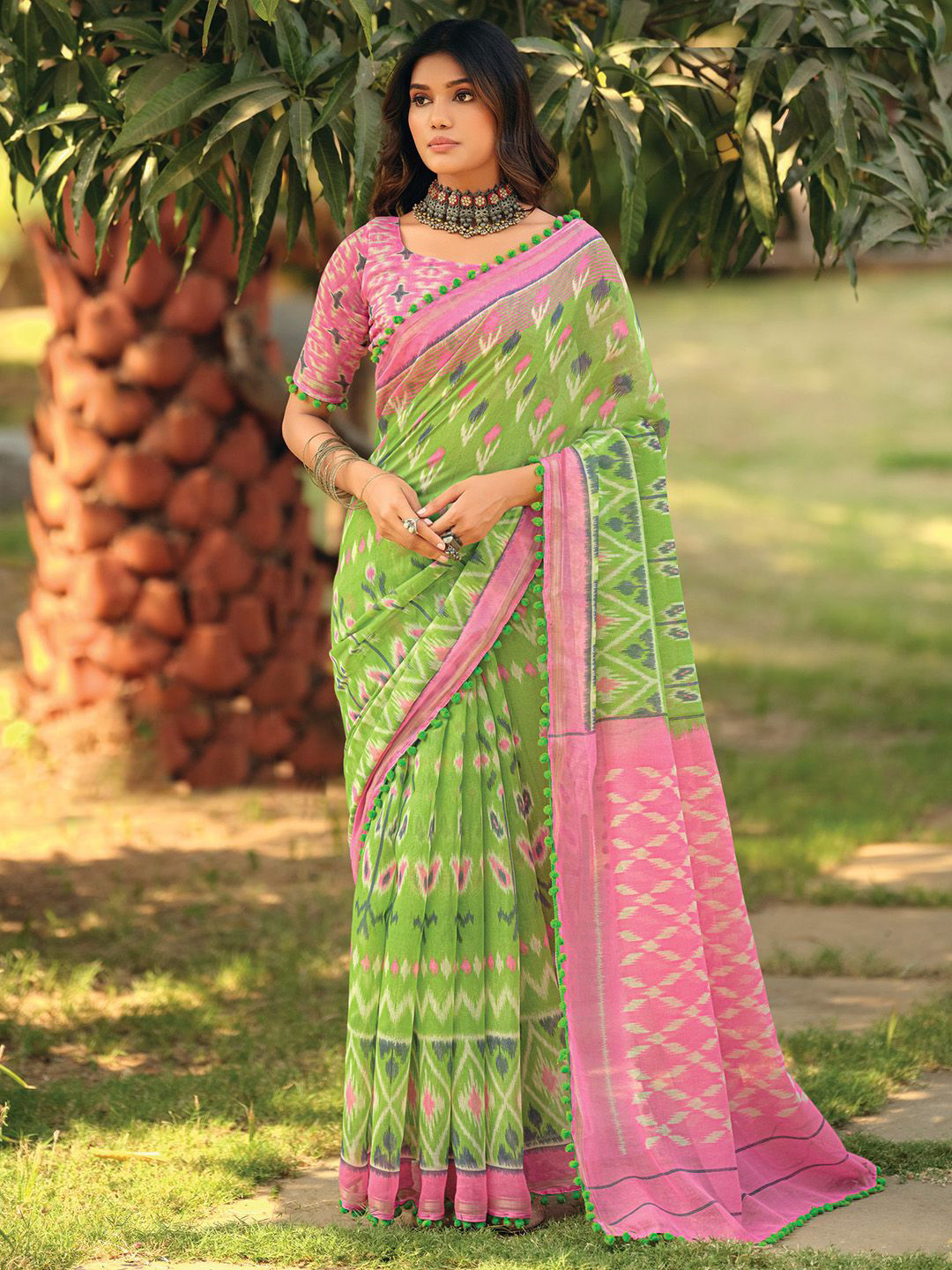 Anouk Rustic Ethnic Motifs Patchwork Ikat Saree