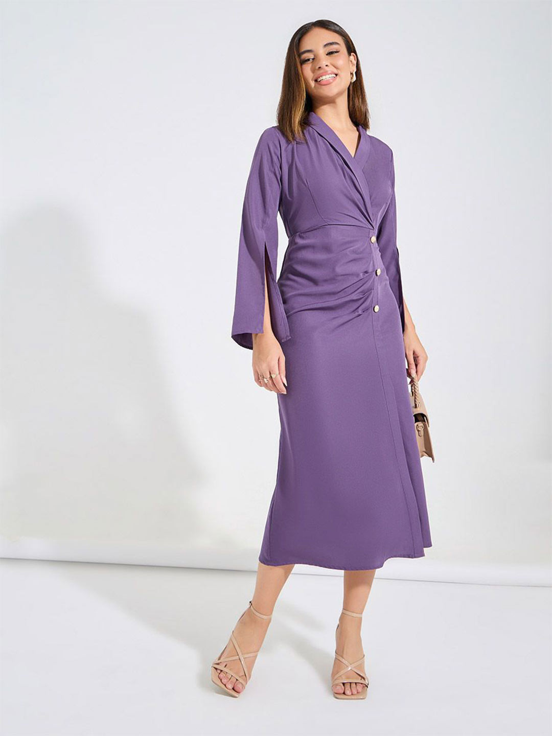 Styli Solid Button Detail Sheath Slit Midi Dress with Long Slit Sleeve