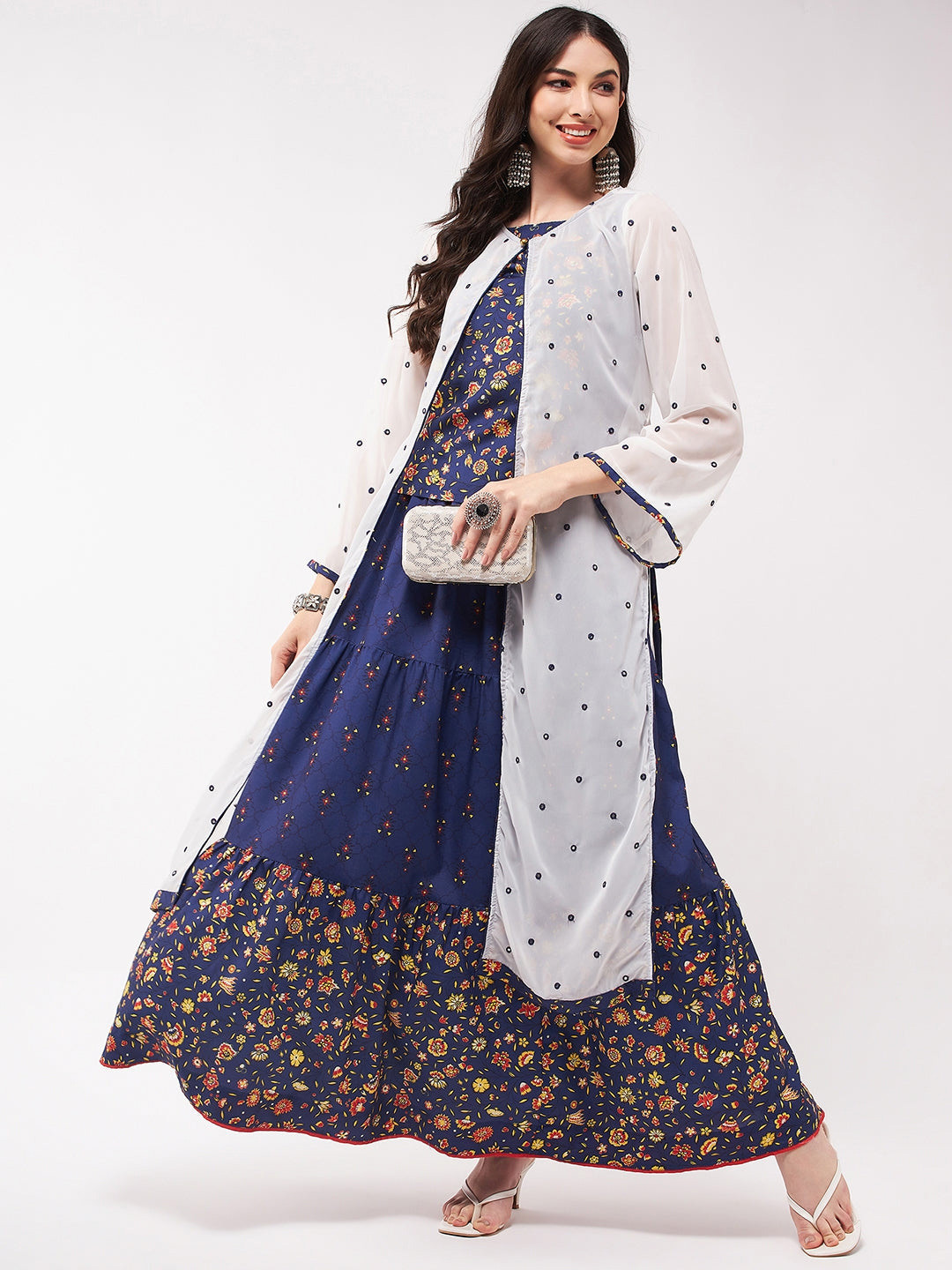 Pannkh  Printed Top & Skirt And with Embroidered Shrug Co-Ord Set