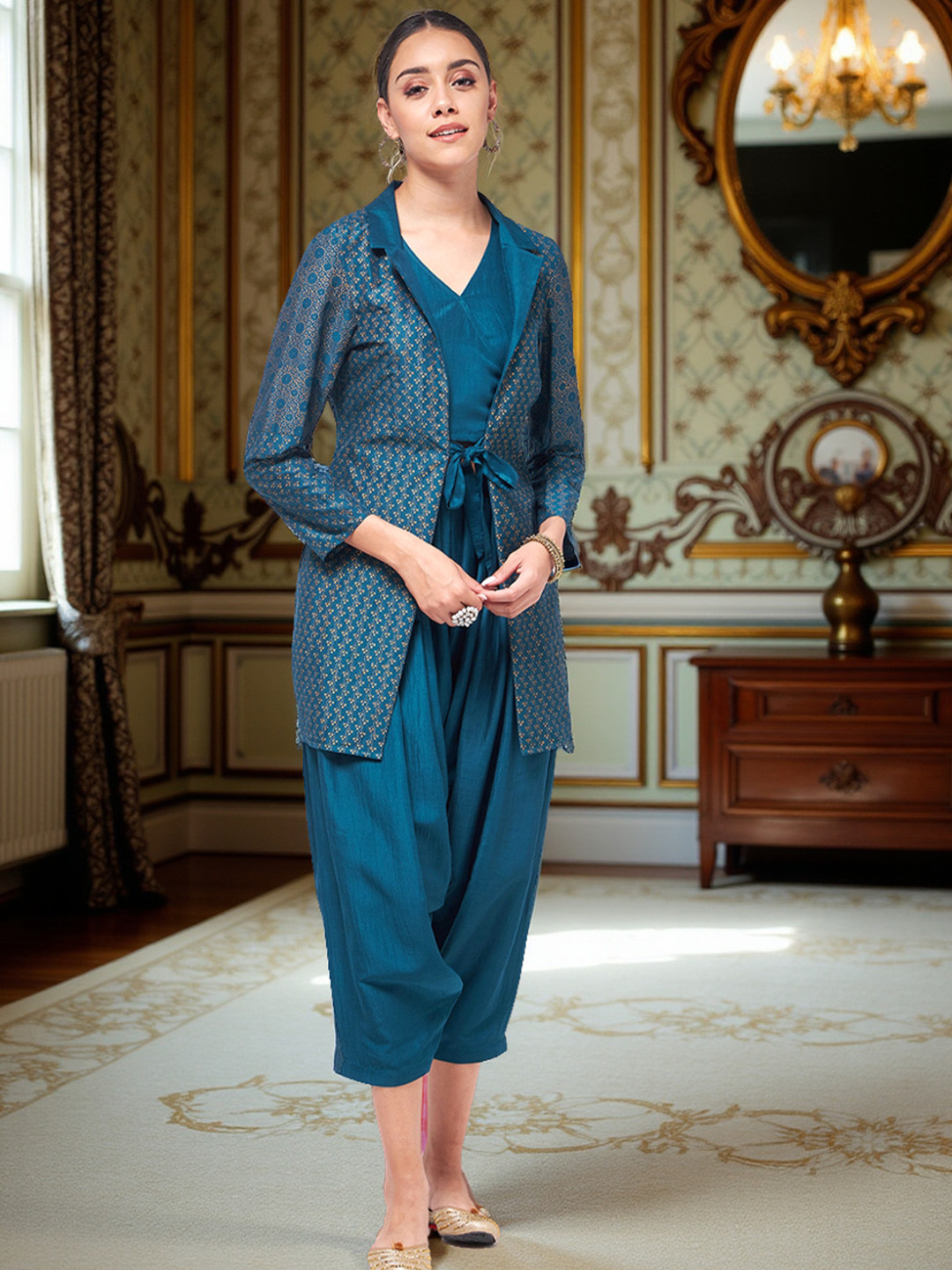 Pannkh Sleeveless Top & Dhoti With Block Printed Jacket