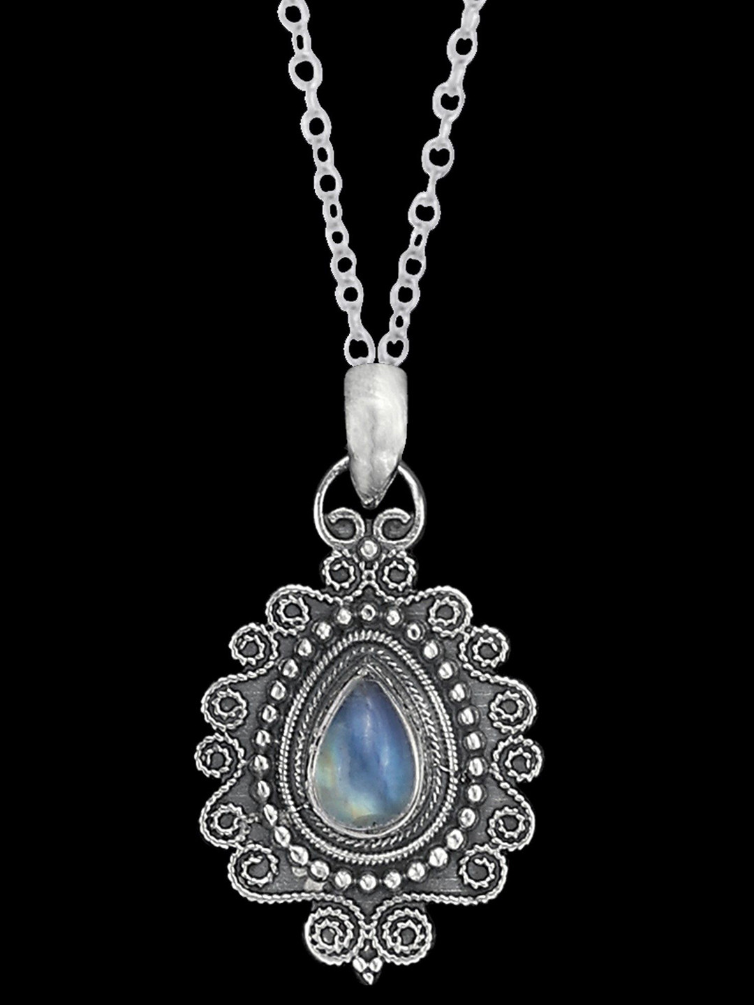 Exotic India Rainbow Moonstone Embroidery Sterling Silver Pendant