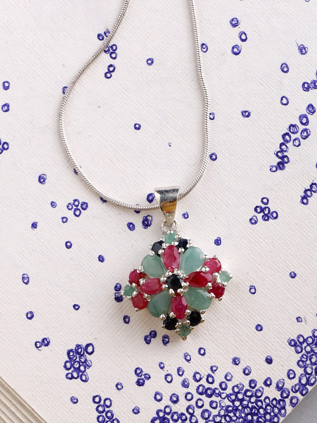 Exotic India Faceted Tri-Color Gemstone Sterling Silver Pendant