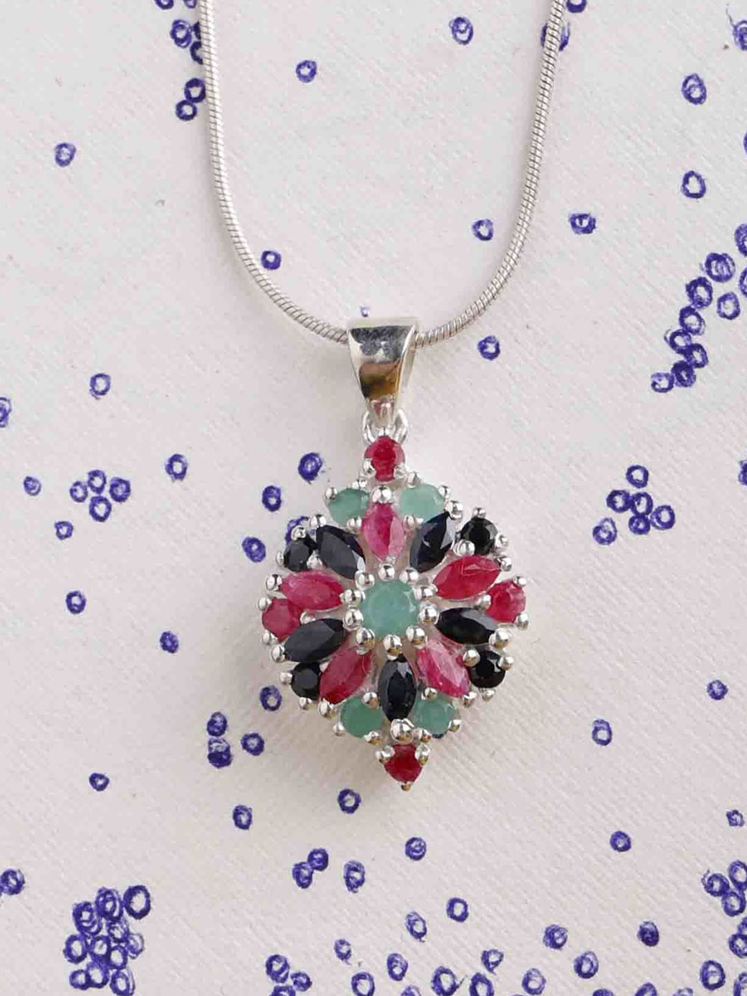 Exotic India Ruby, Emerald & Sapphire Gemstones Sterling Silver Pendant