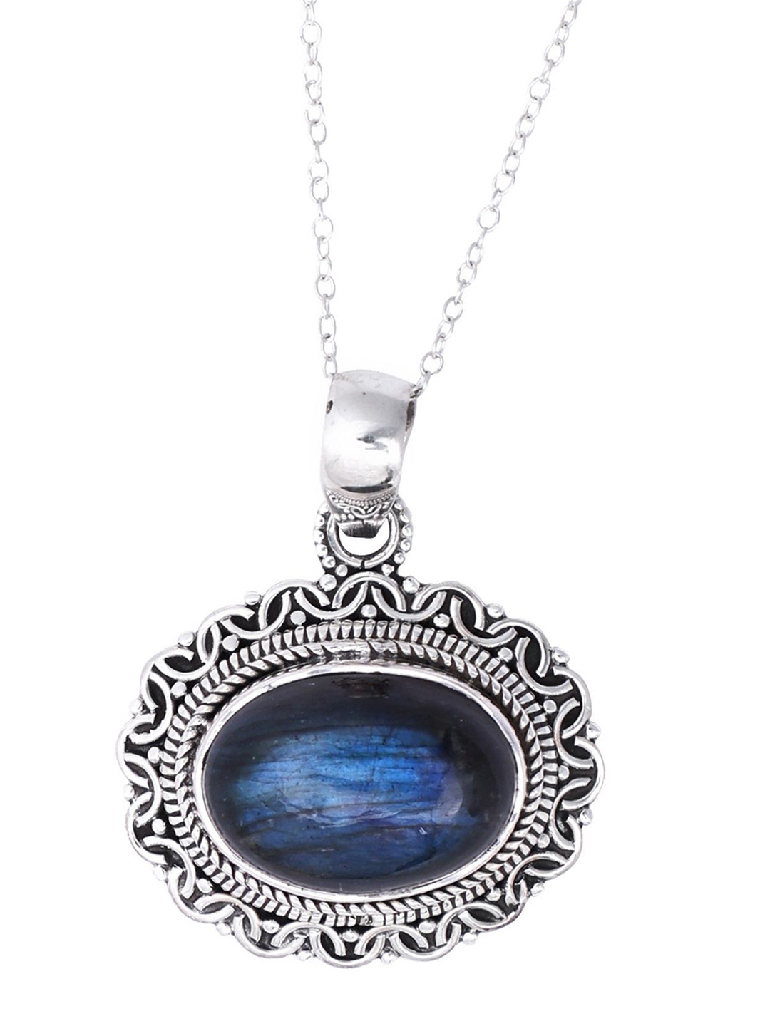 Exotic India Labradorite Gemstone Sterling Silver Pendant Studded