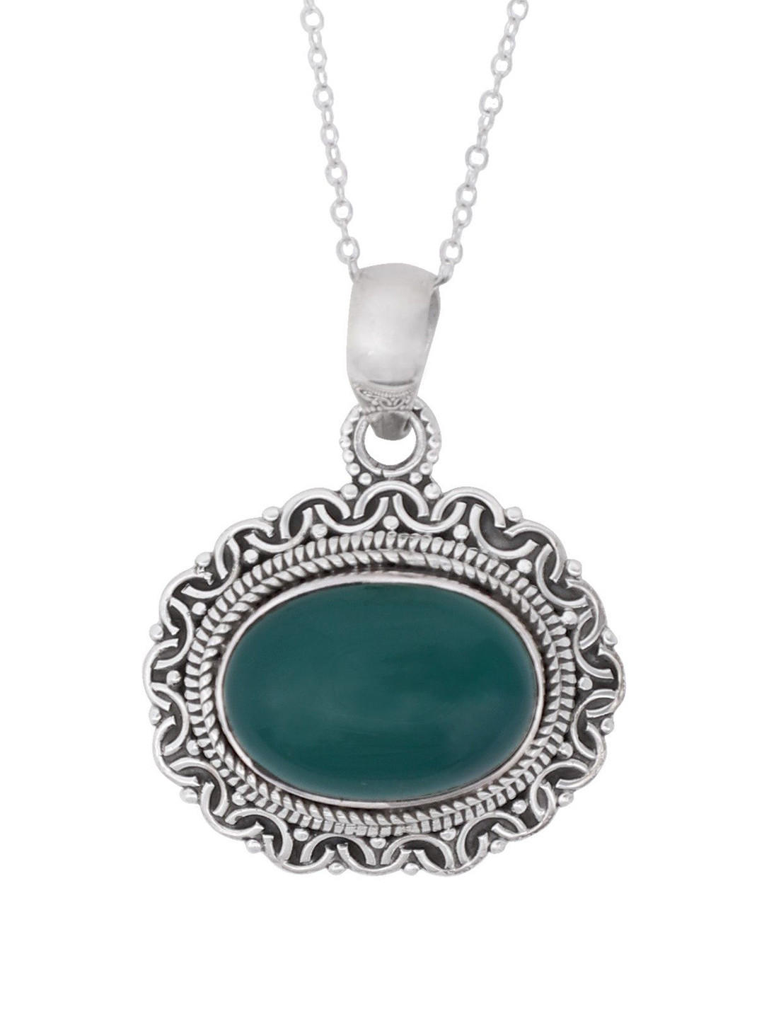 Exotic India Green Onyx Gemstone Sterling Silver Pendant