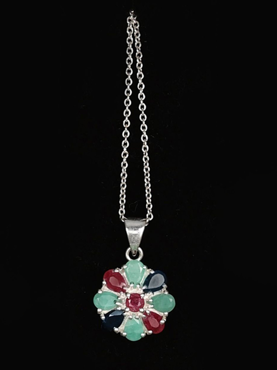 Exotic India Multiple Gemstone Floral Design Sterling Silver Pendant