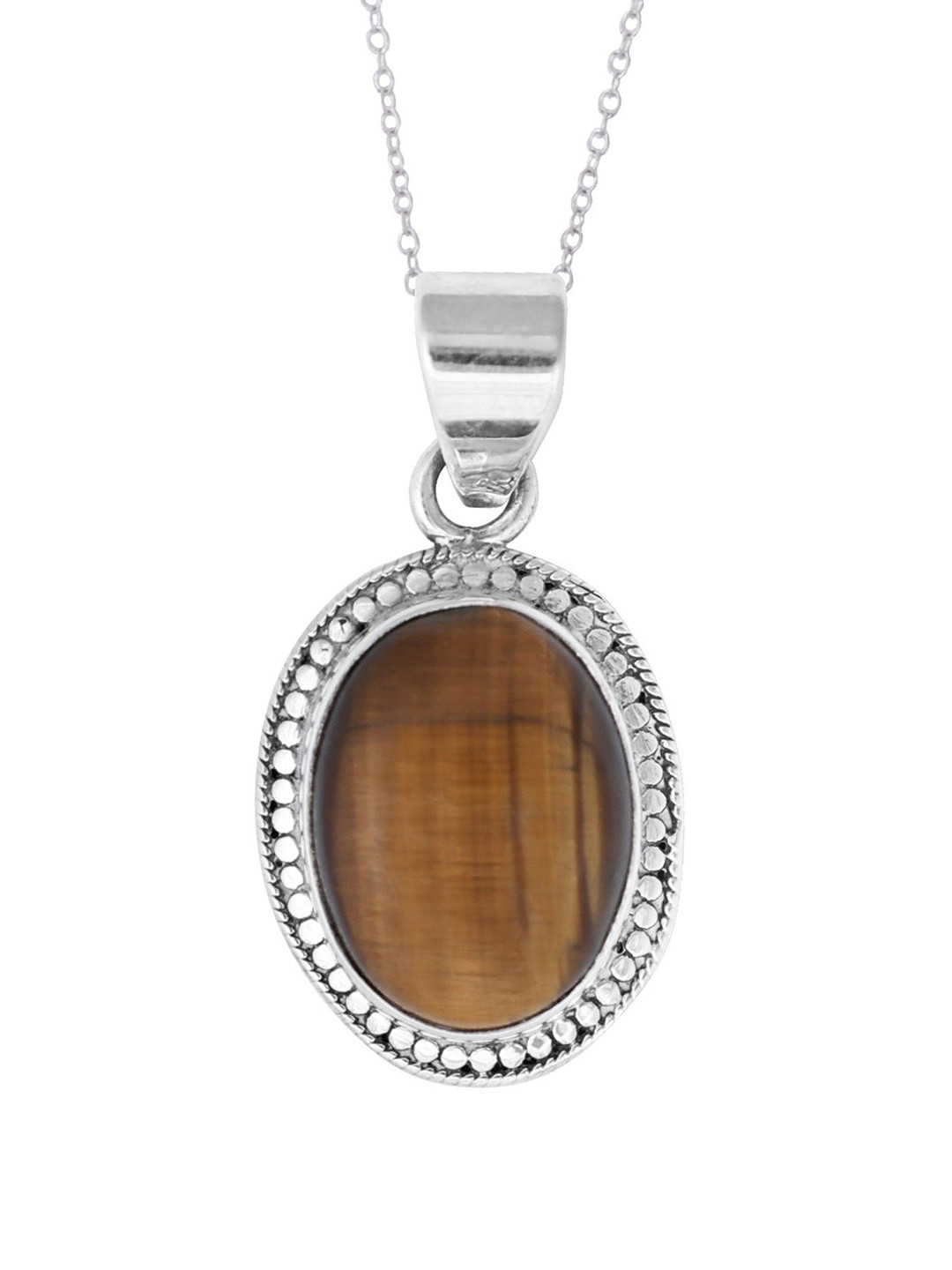Exotic India Tiger Eye Small Oval Shaped Sterling Silver Pendant