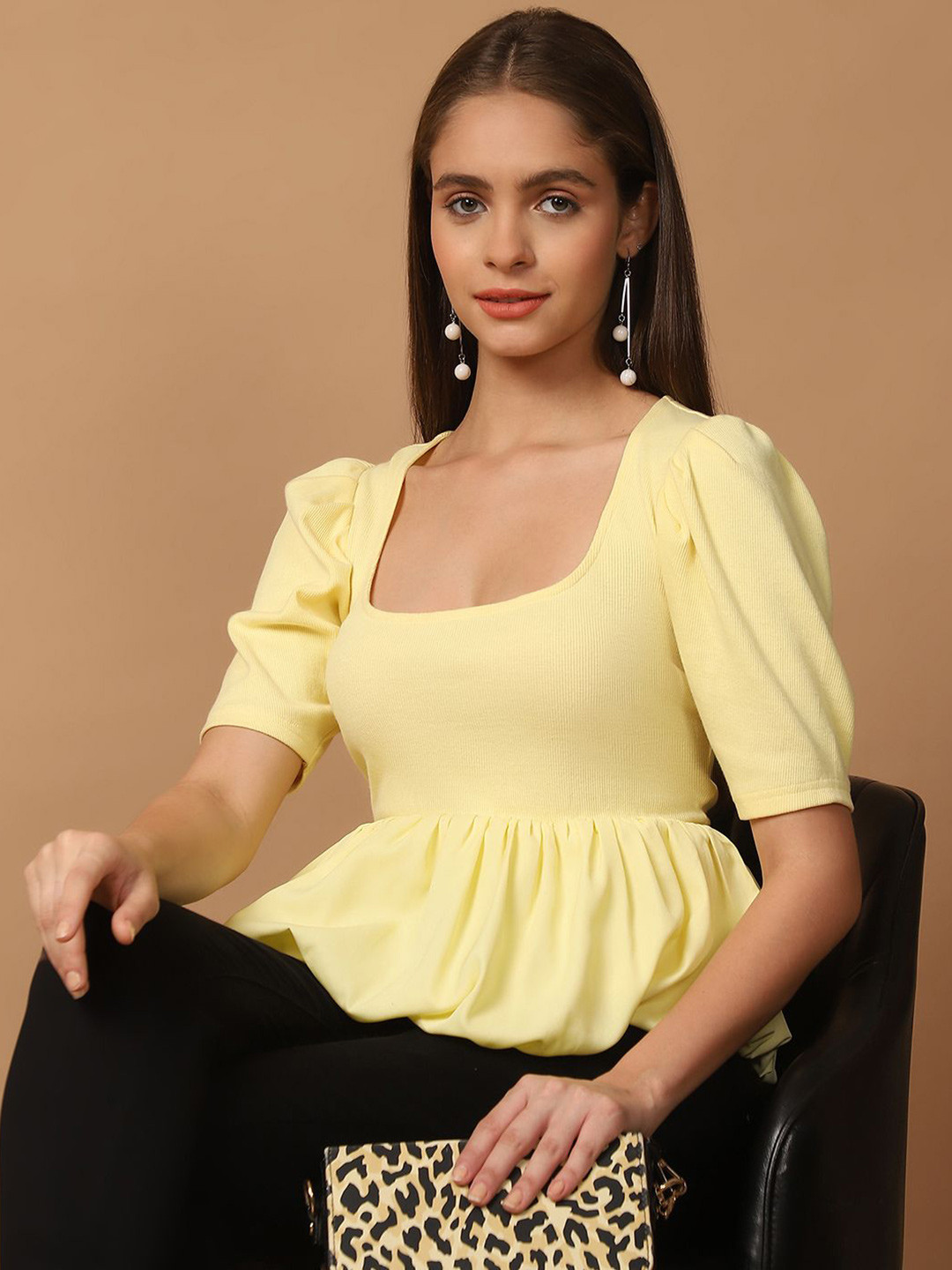 BLANC9 Square Neck Puff Sleeves Peplum Top
