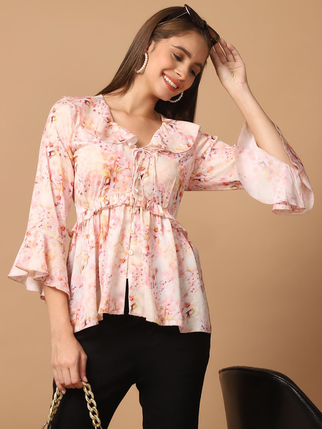 BLANC9 Floral Tie-Up Neck Bell Sleeves Empire Top