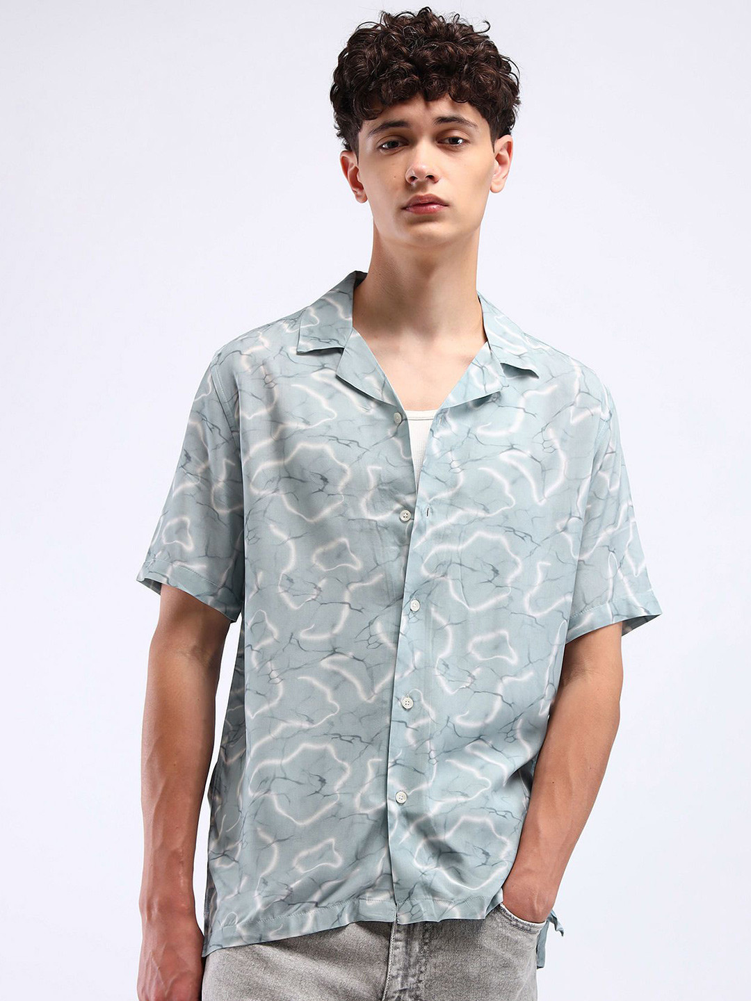 Flying Machine Men Cuban Collar Abstract Print Shirt