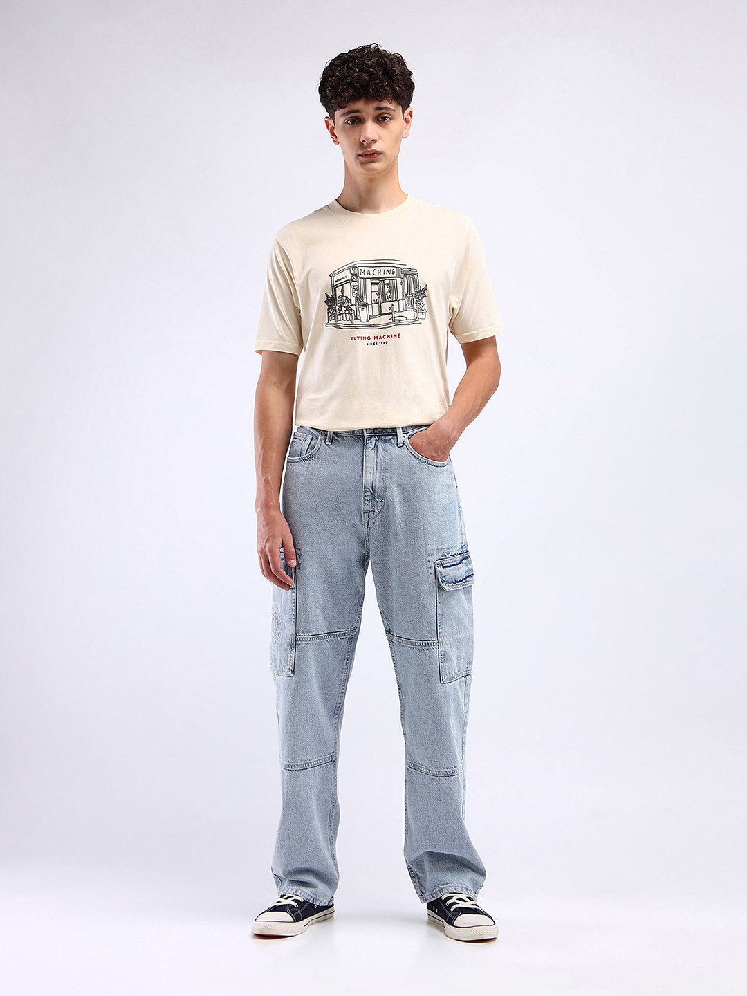 Flying Machine Men High-Rise Heavy Fade Cotton Stretchable Cargo Jeans