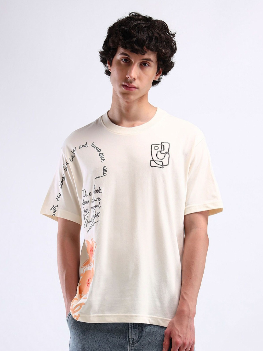 Flying Machine Men Printed Raw Edge Relaxed Fit T-shirt