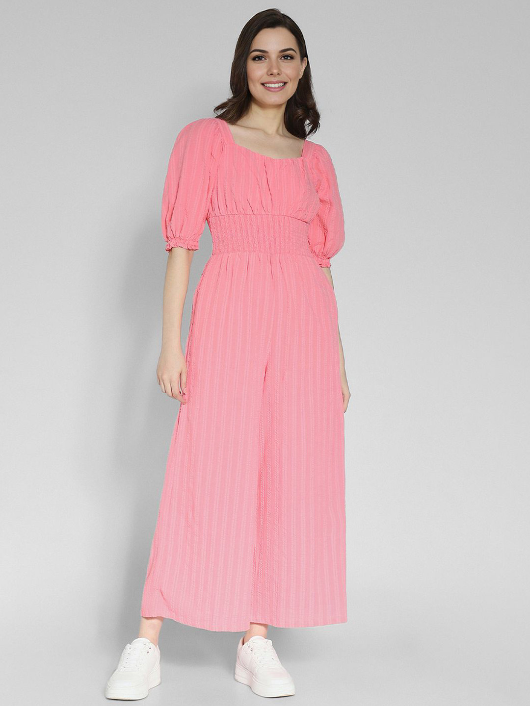 AMERICAN EAGLE OUTFITTERS Striped Puff Sleeve Wide-Leg Basic Jumpsuit