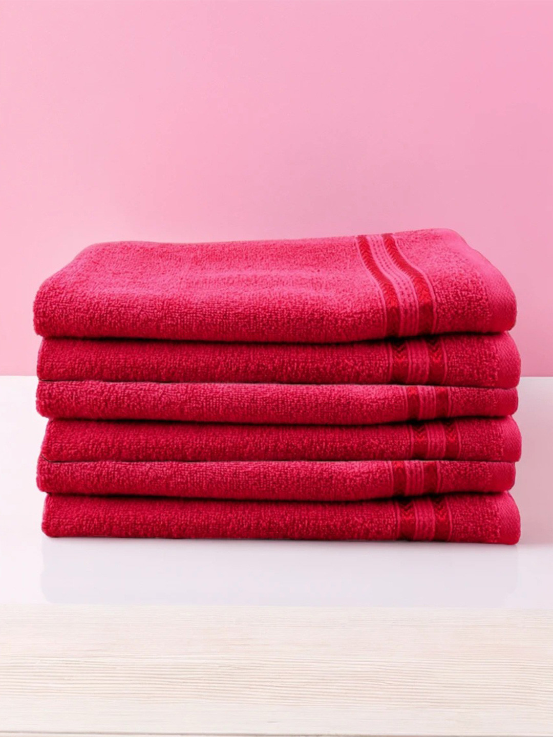 Ramraj Pack of 6 Cotton Solid Red 450 GSM Towel Set