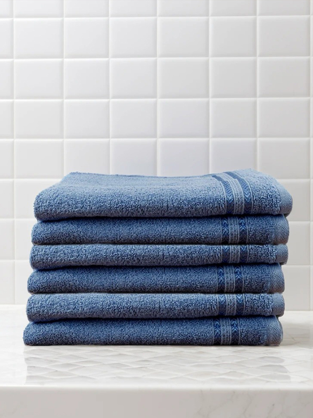 Ramraj Pack of 6 Cotton Solid Blue 450 GSM Towel Set