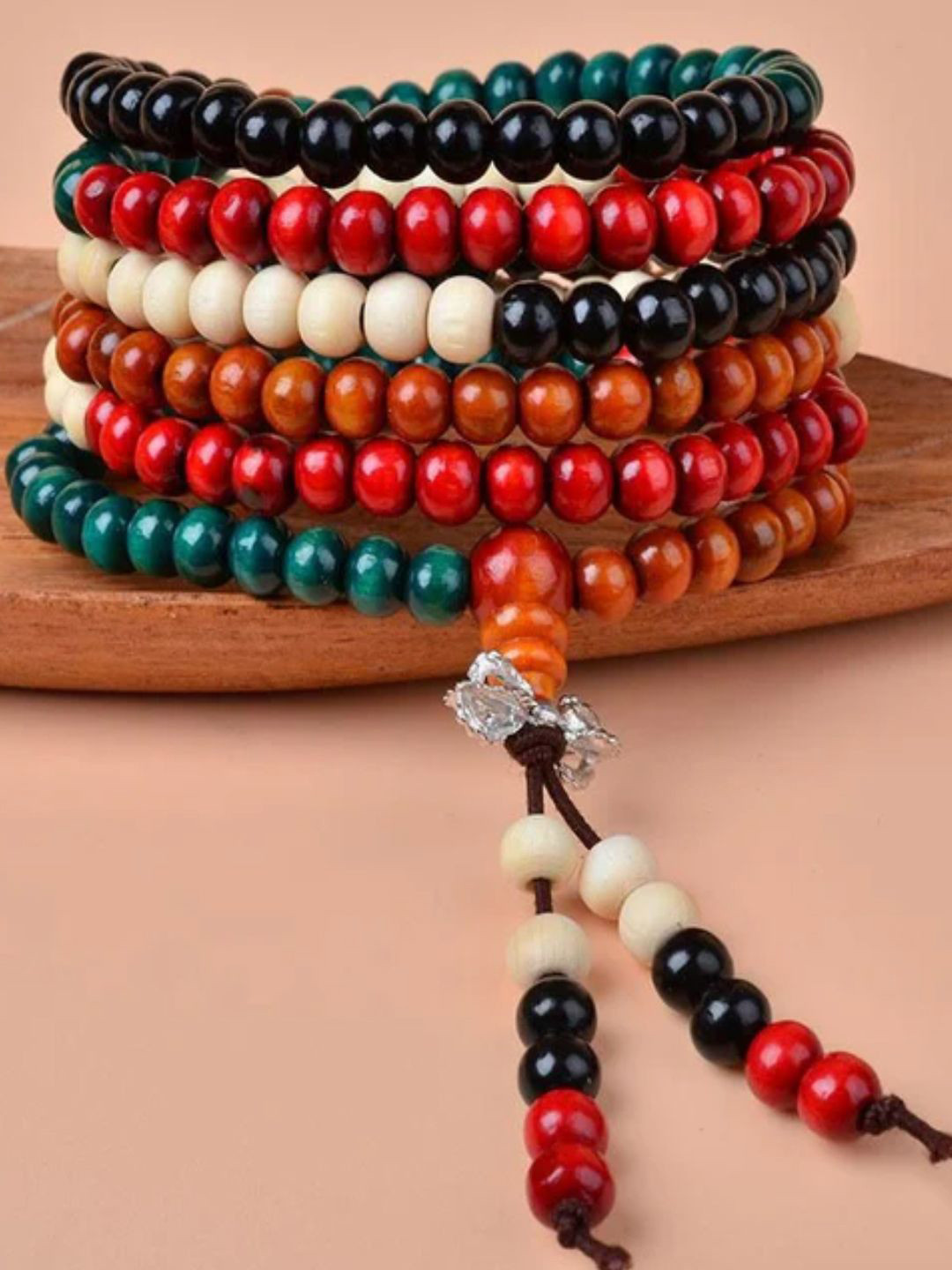 fabula Buddist Prayer Beaded Mala Wood Multistrand Bracelet