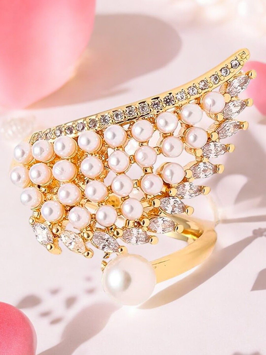 fabula Gold-Plated Stones-Studded & Beaded Wing Shaped Ring
