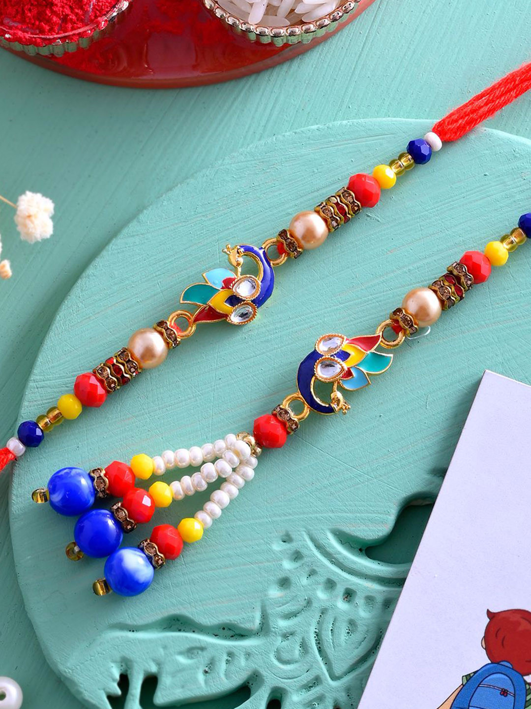 Ascension Set of 2 Beaded Thread Rakhis with Roli Chawal