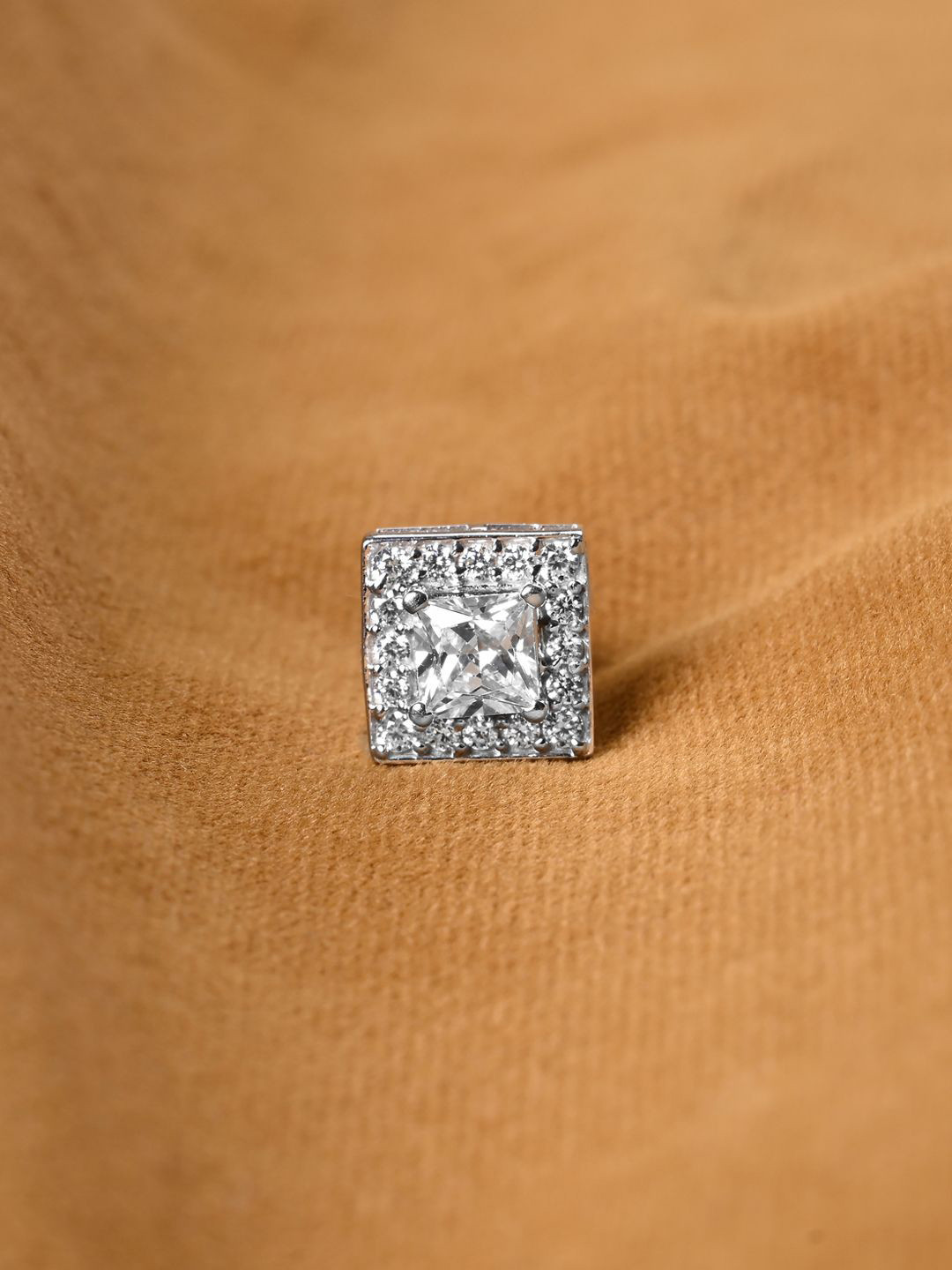 Clara Men Solitaire 925 Sterling Silver Rhodium-Plated CZ Studded Square Studs Earrings