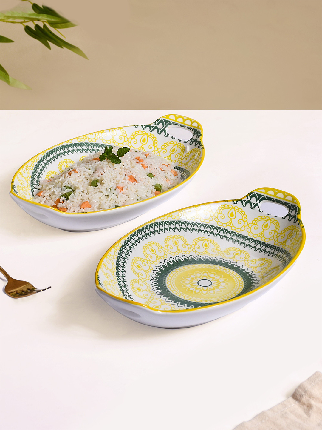 Nestasia 2 Pcs Yellow & Green Mandala Printed Ceramic Platter With Handle