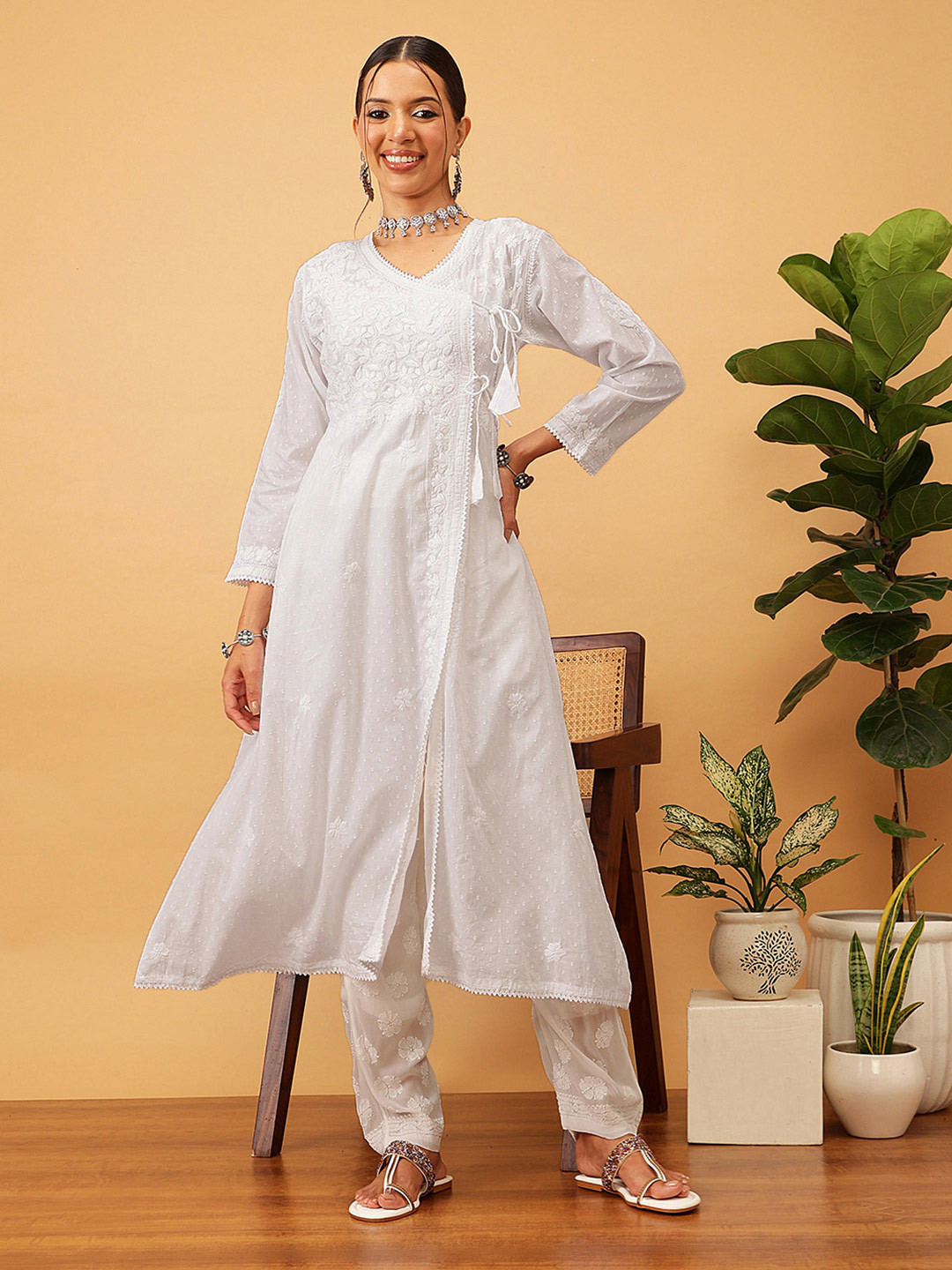 ADA Ethnic Motifs Embroidered V-Neck Lucknowi Chikankari A-Line Angrakha Cotton Kurta