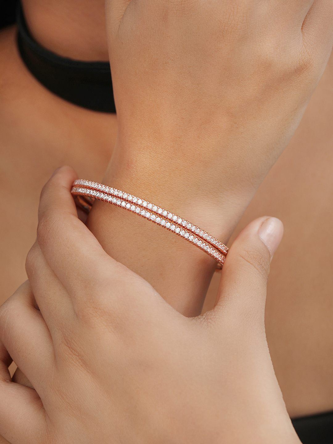 Zavya Set Of 2 Rose Gold-Plated Stone-Studded 925 Pure-Silver Bangles