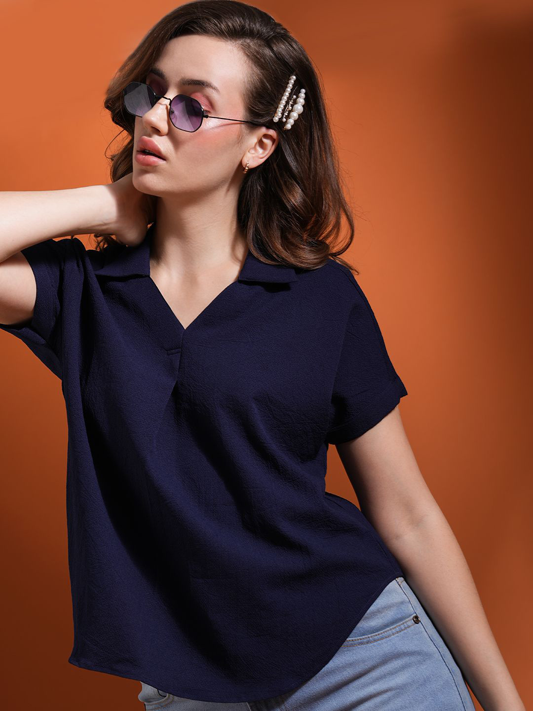 Globus Collared Neck Extended Sleeves Self Design Shirt Style Workwear Top