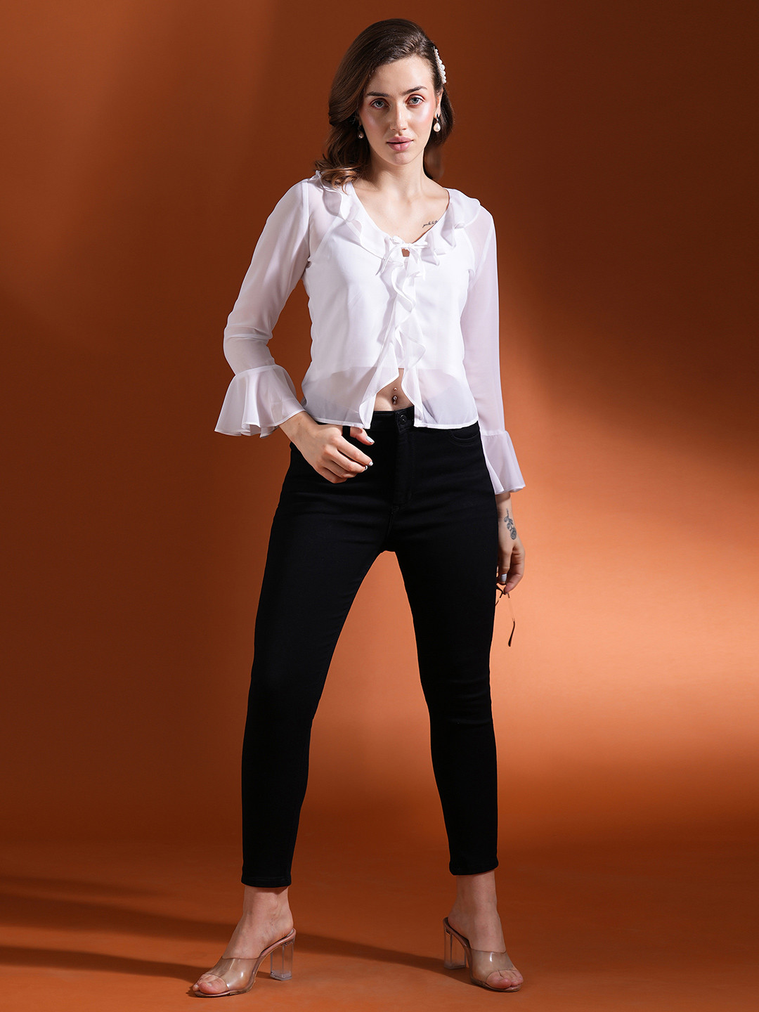 Globus Tie-Up Neck Bell Sleeve Ruffles Georgette Top