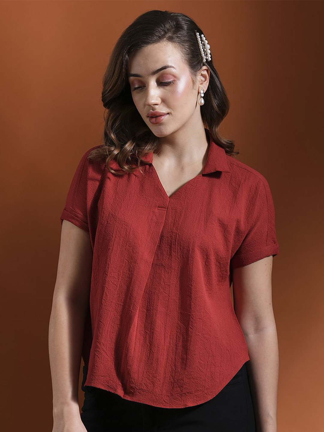 Globus Collared Neck Extended Sleeves Self Design Shirt Style Workwear Top