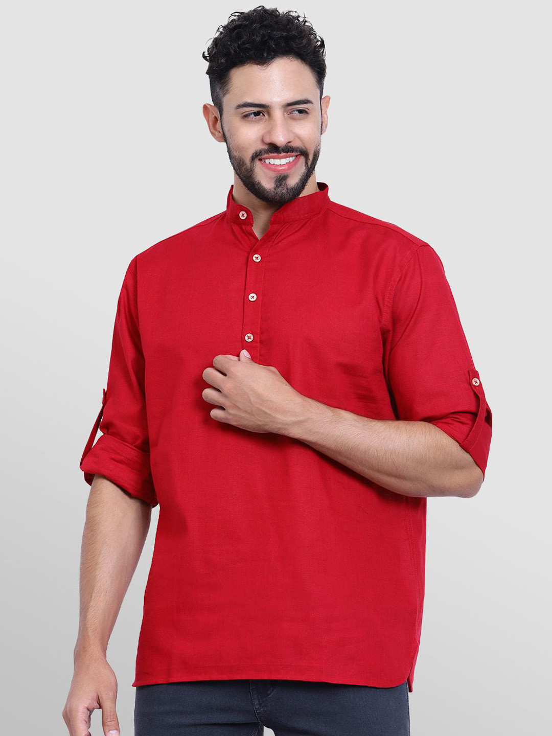 TrendiVastra Mandarin Collar Roll Up Sleeves Straight Kurta