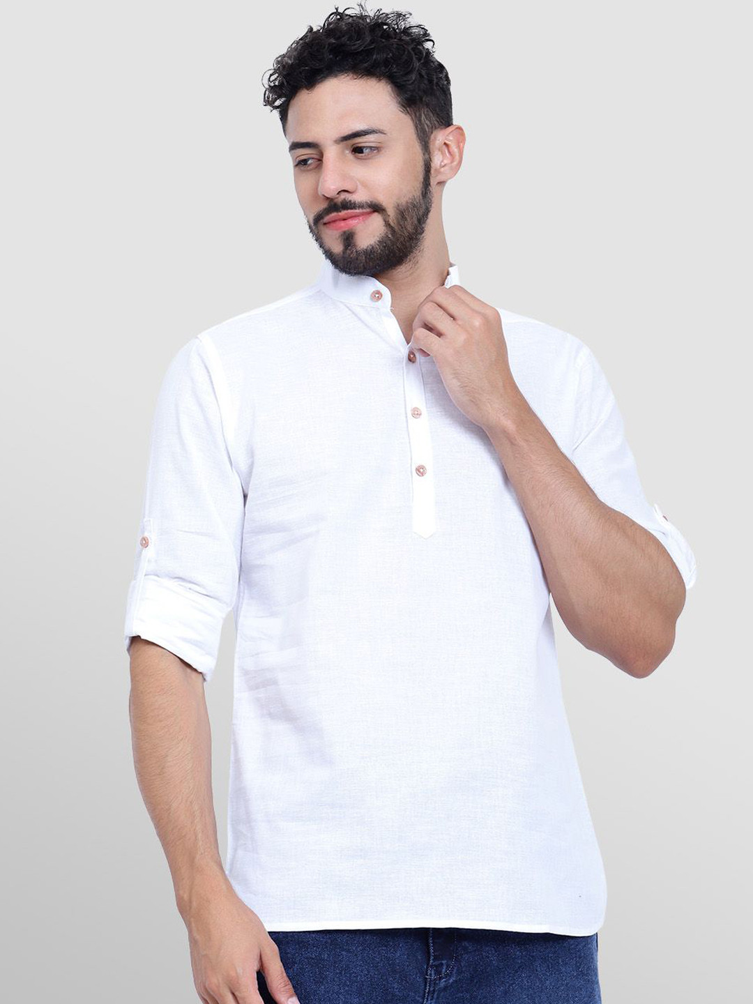 TrendiVastra Band Collar Roll-Up Sleeves Cotton Short Straight Kurta