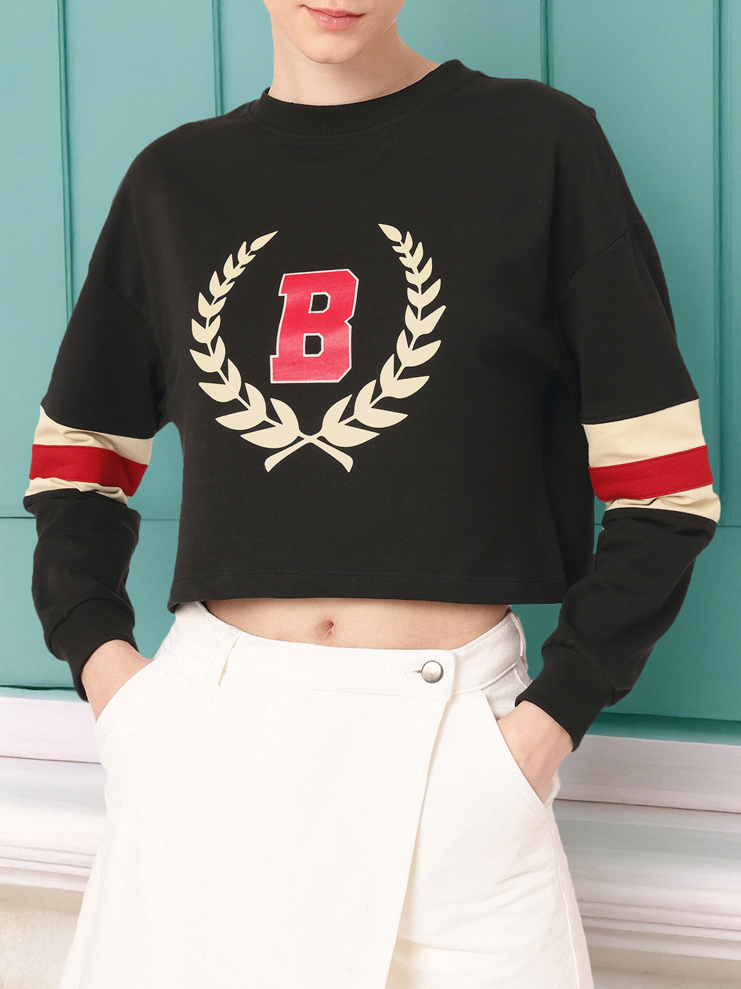 DressBerry Varsity Printed Cotton Terry Boxy Crop Sweatshirt