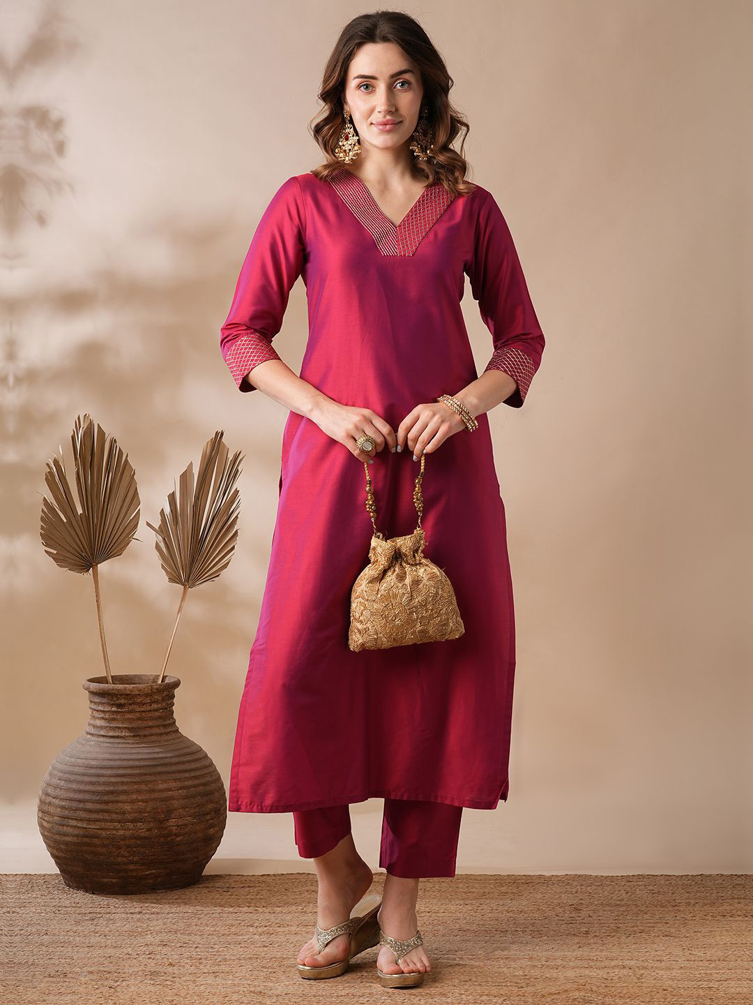 Globus Gold Zari Embroidered V-Neck Straight Kurta & Elasticated Pants Workwear Set