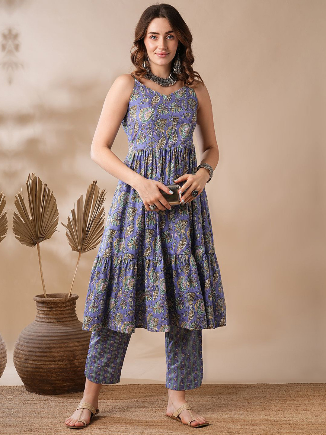 Globus V-Neck Strappy Shoulder Mix & Match Floral Print A-Line Kurta & Pants Fusion Set