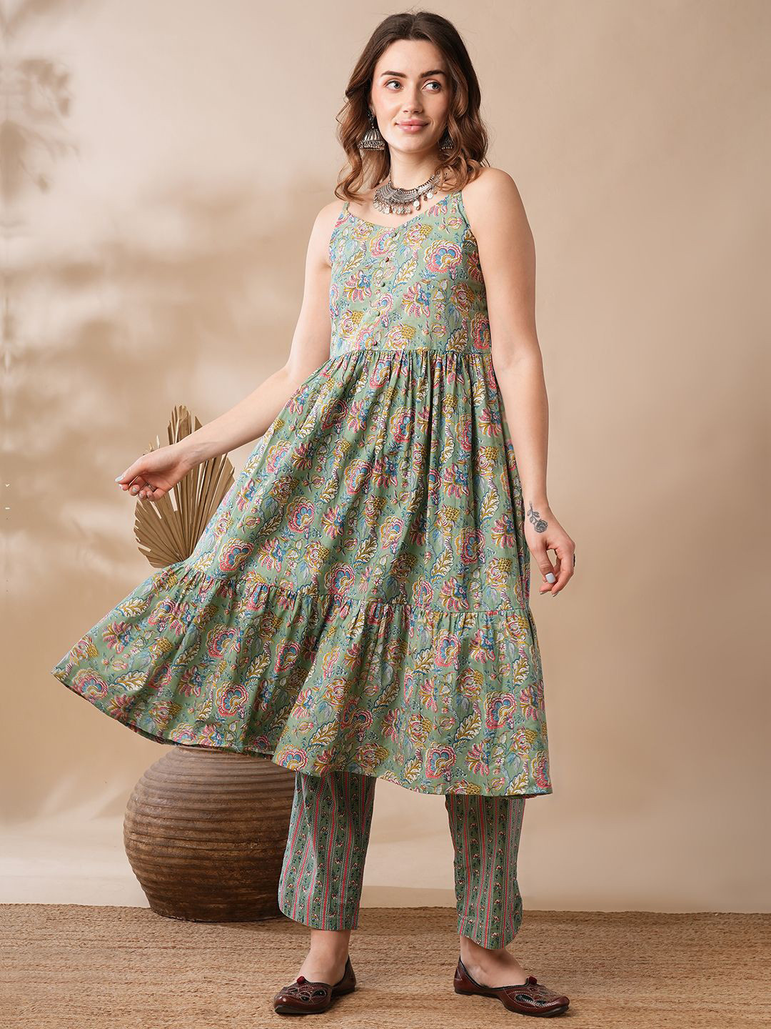 Globus V-Neck Strappy Shoulder Mix & Match Floral Print A-Line Kurta & Pants Fusion Set