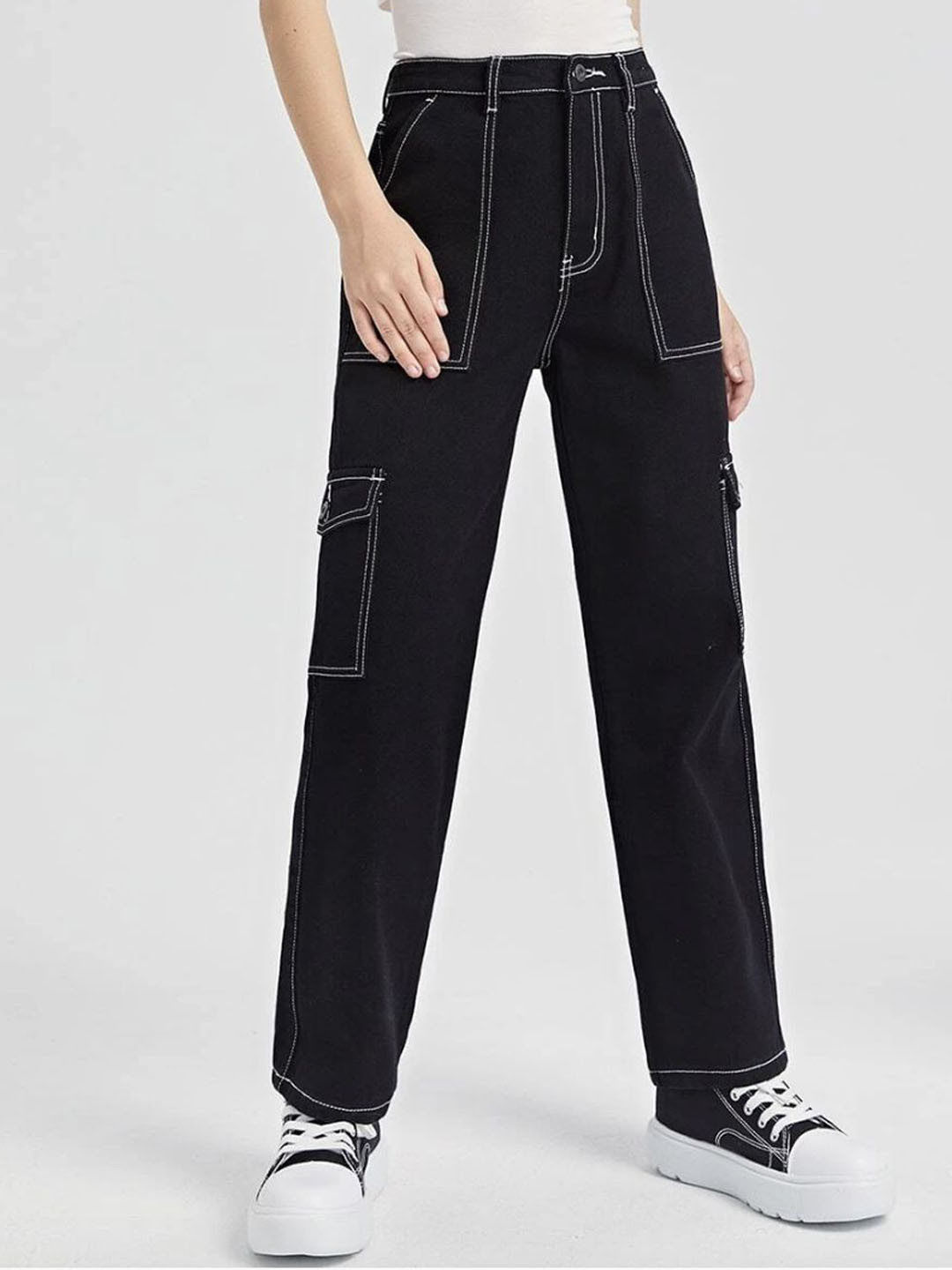 MASTERLY WEFT Women Relaxed Fit High-Rise Low Distress Stretchable Cargo Styles Jeans