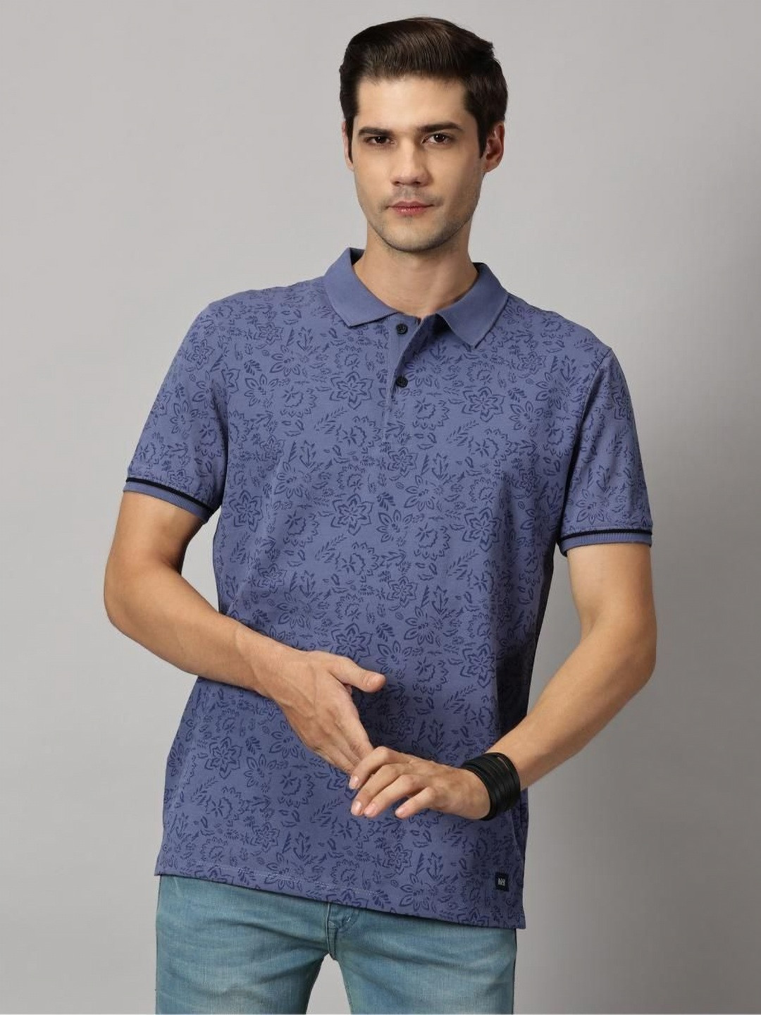 BLACK BUCK Men Floral Polo Collar Cotton Blue Tshirt